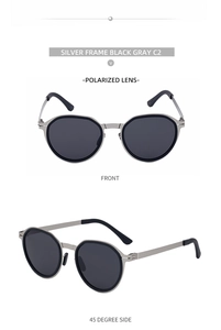 Front and side view of silver metal polarized sunglasses with grey lenses for men