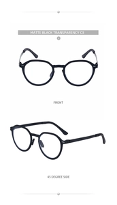 Front and 45-degree side macro view of matte black polarized round sunglasses frames