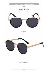 Detailed front and side views of gold polarized sunglasses with black-gray lenses