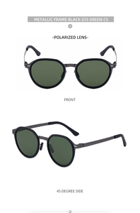 Front and side view of classic round polarized sunglasses with black metal frames
