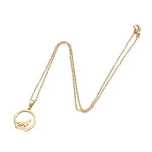 Minimalist gold stainless steel wolf silhouette pendant necklace on white background