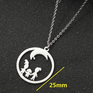 25mm stainless steel circular moon pendant necklace with three girls holding hands design