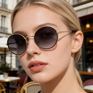 Gros plan sur des lunettes de soleil ovales vintage avec monture dorée et verres dégradés