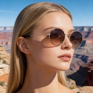 Gros plan de lunettes de soleil ovales en métal doré avec verres dégradés