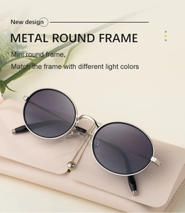 Gros plan de lunettes de soleil ovales en métal avec verres gris sur pochette