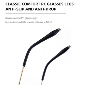 Détail de lunettes de soleil ovales avec branches en métal doré et embouts noirs en PC