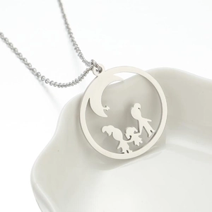 Silver moon and family silhouette pendant necklace for women in minimalist metal style