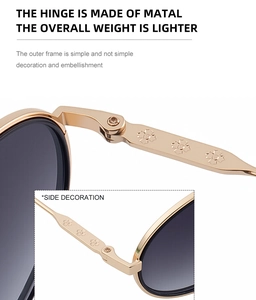 Détail des branches de lunettes de soleil en métal doré avec motif trèfle et charnière