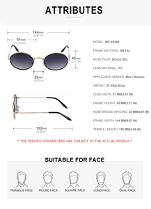 Spécifications de taille détaillées pour lunettes de soleil ovales en métal avec mesures