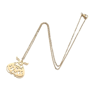 Golden stainless steel moth pendant necklace with hollow moon phase design on white background