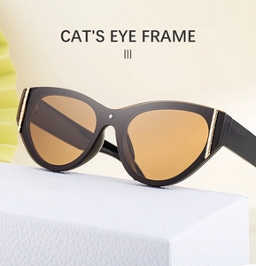 Detail of cat eye sunglasses featuring black frames with gold metal temple accents