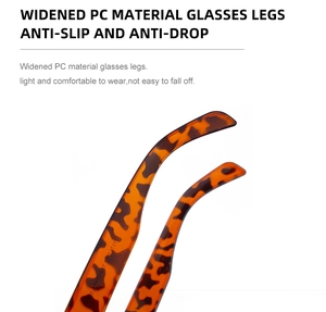 Detail view of widened PC glasses legs with anti-slip leopard pattern design