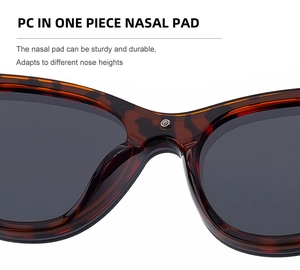 Macro view of integrated PC nose pads on tortoise shell sunglasses for comfortable fit