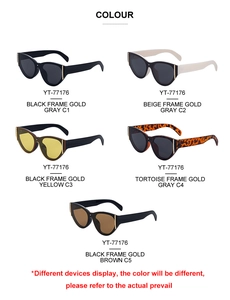 Collection of five trendy cat-eye sunglasses with gold metal trim in various color options