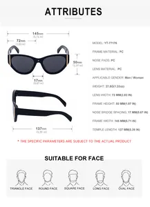 Detailed size chart infographic showing dimensions and specs of cat eye sunglasses
