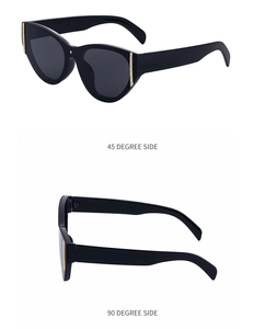 Detailed views showing 45 and 90-degree side angles of black cat-eye sunglasses with gold trim