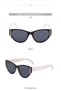 Detailed front and 45-degree side view of cat-eye sunglasses in beige with golden accents