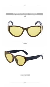 Detail of cat eye sunglasses with black frame and golden yellow lenses from multiple angles