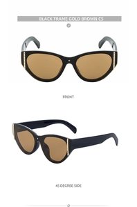 Cat eye sunglasses detail with black frames, gold brown lenses and side metal accents