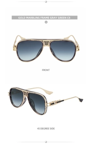 Detail van aviator zonnebril met goudkleurig montuur, marmeren rand en V-vormige brug