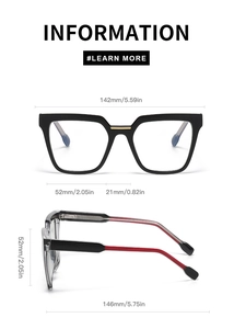 Detailed size specifications for square black cat-eye glasses with golden bridge accent