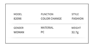 Detailed spec sheet showing PC material and color change function for cat eye glasses