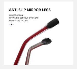Detail view of anti-slip curved eyeglass temples in transparent red and gray finishes