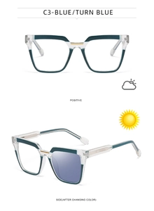 Cat eye glasses frames with photochromic lenses turning from clear to blue in sunlight