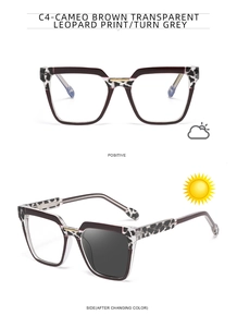 Detailed view of cameo brown leopard print glasses frames with photochromic grey lenses