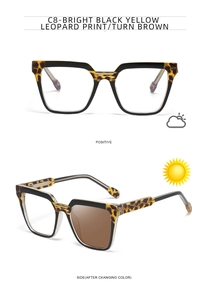 Cat eye glasses featuring photochromic lenses turning brown with leopard print frame