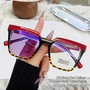 Chic cat eye photochromic glasses with black and red leopard frame and anti-blue lenses