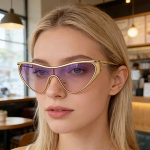 One Piece Cat Eye Sunglasses Women Metal Frame UV400 Futuristic Y2K Fashion Hip Hop Travel Party