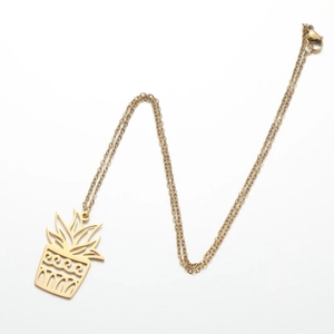 Minimalist stainless steel gold pineapple pendant necklace with hollow plant leaf pattern