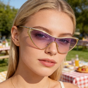 Detail of cat-eye sunglasses with golden metal frame and purple gradient lenses