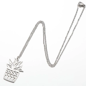 Minimalist silver stainless steel necklace featuring a hollow pineapple leaf pendant design