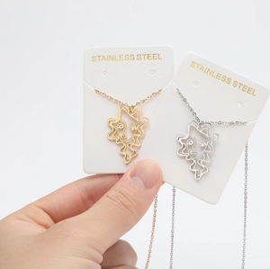 Detailed view of abstract wire face pendants in gold and silver stainless steel