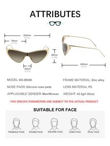 Detailed sizing chart and specifications for cat eye sunglasses with metal frame dimensions