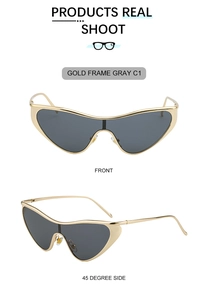 Detailed front and 45-degree side view of cat eye sunglasses with golden frame and C1 model