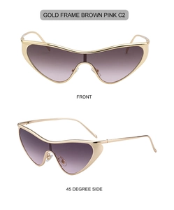 Detailed front and side view of cat-eye sunglasses with gold metal frame and pink lenses