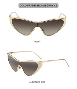 Front and side view of gold wavy metal sunglasses with brown gradient cat-eye lenses