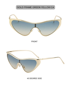 Front and side view of gold cat eye sunglasses with blue yellow gradient lens