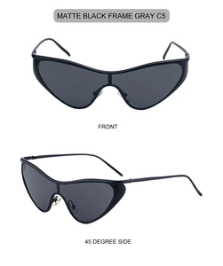 Front and side view of matte black cat-eye sunglasses with gray lenses for women