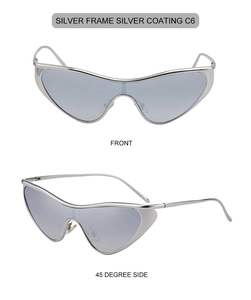 Front and 45-degree side view of silver wrap-around cat-eye sunglasses with mirror coating