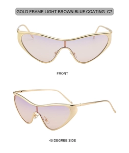 Front and 45-degree side views of gold frame cat-eye sunglasses with light brown lenses