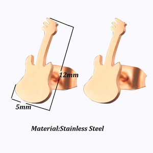 Detail showing 18K gold-plated stainless steel guitar stud earrings with 12mm height