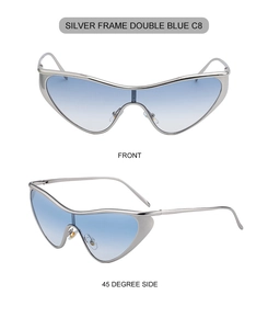 Front and side view of silver cat-eye sunglasses with blue gradient lenses