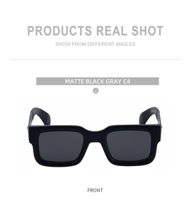 Front view of matte black square frame sunglasses with gray lenses model C4 details