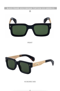 Detail of square vintage sunglasses with black frame and gold tortoiseshell temples