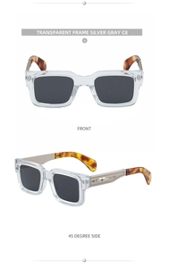 Detail of square sunglasses with silver metal temples and horizontal engraved stripes