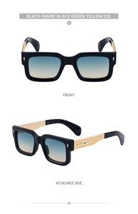 Detail of square black sunglasses with gold metal temples and blue-yellow gradient lenses